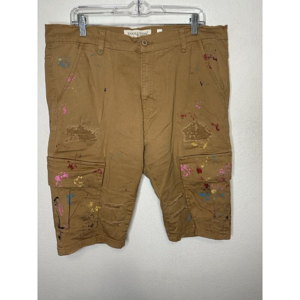 Evolution In Design Men’s Paint Splatter Brown Cargo Shorts Size 42